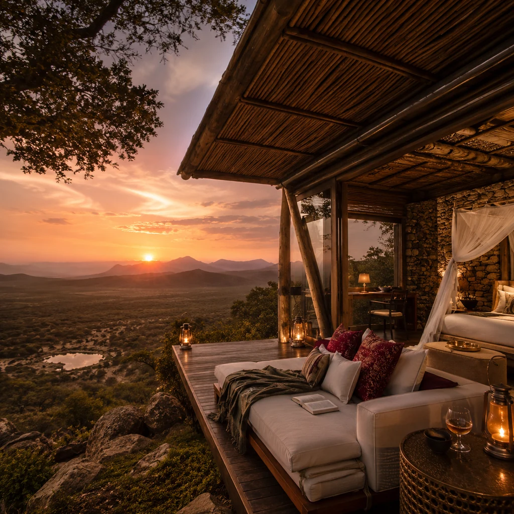 Safari-Lodge und weite Landschaft bei Sonnenuntergang